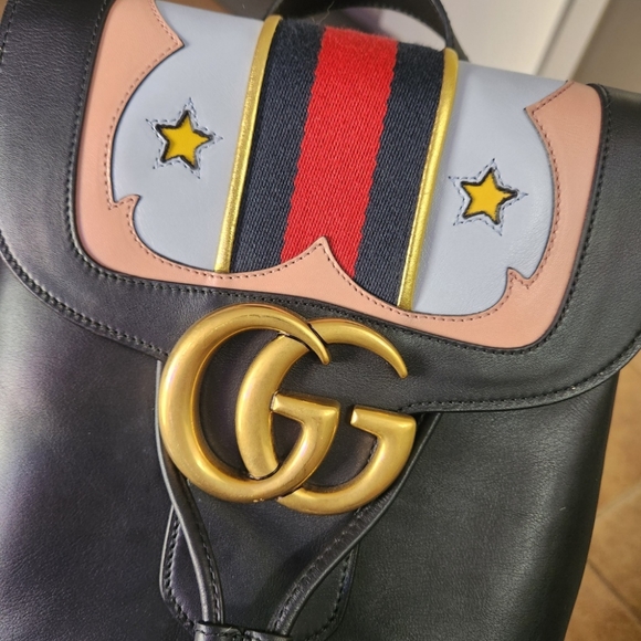 Gucci Calfskin Web GG Marmont Flap Chain Backpack Black - Picture 5 of 9